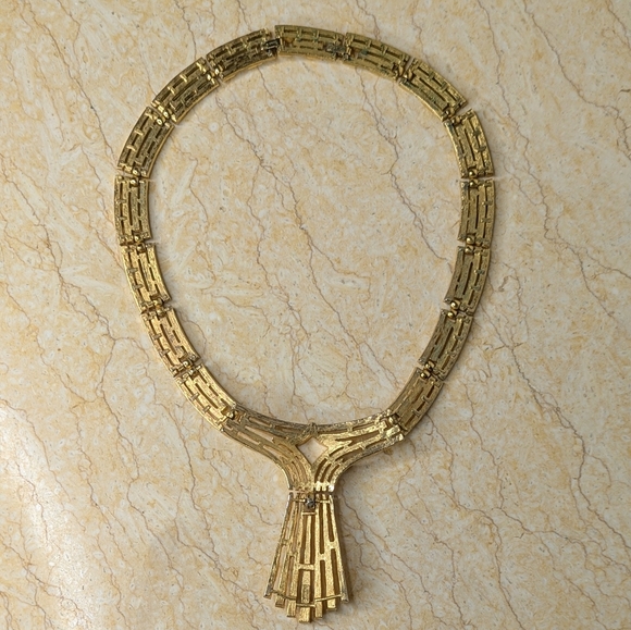 Vintage Trifari Art Deco Gold Tone Chain Tassel Chunky Necklace Choker - Picture 5 of 12